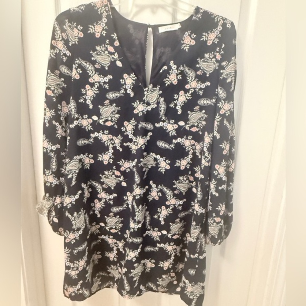 Lush Navy Floral Peek a Boo Long Sleeve Midi Dress Size L EUC BS